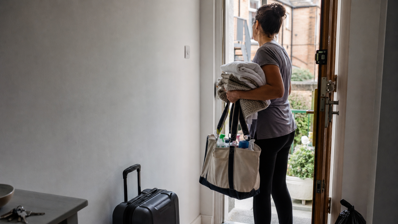 A cleaner arriving at a short-let apartment doorway with folded linens and a canvas supply bag, with a suitcase, keys, and a bin bag left from checkout.