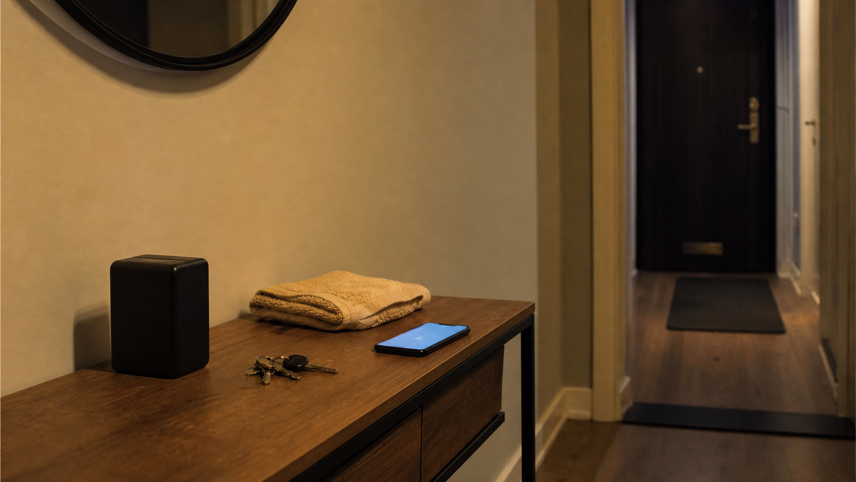 A tidy short-let apartment entryway at night with keys, a plain key safe box, a folded towel, and a softly glowing phone on a console table.