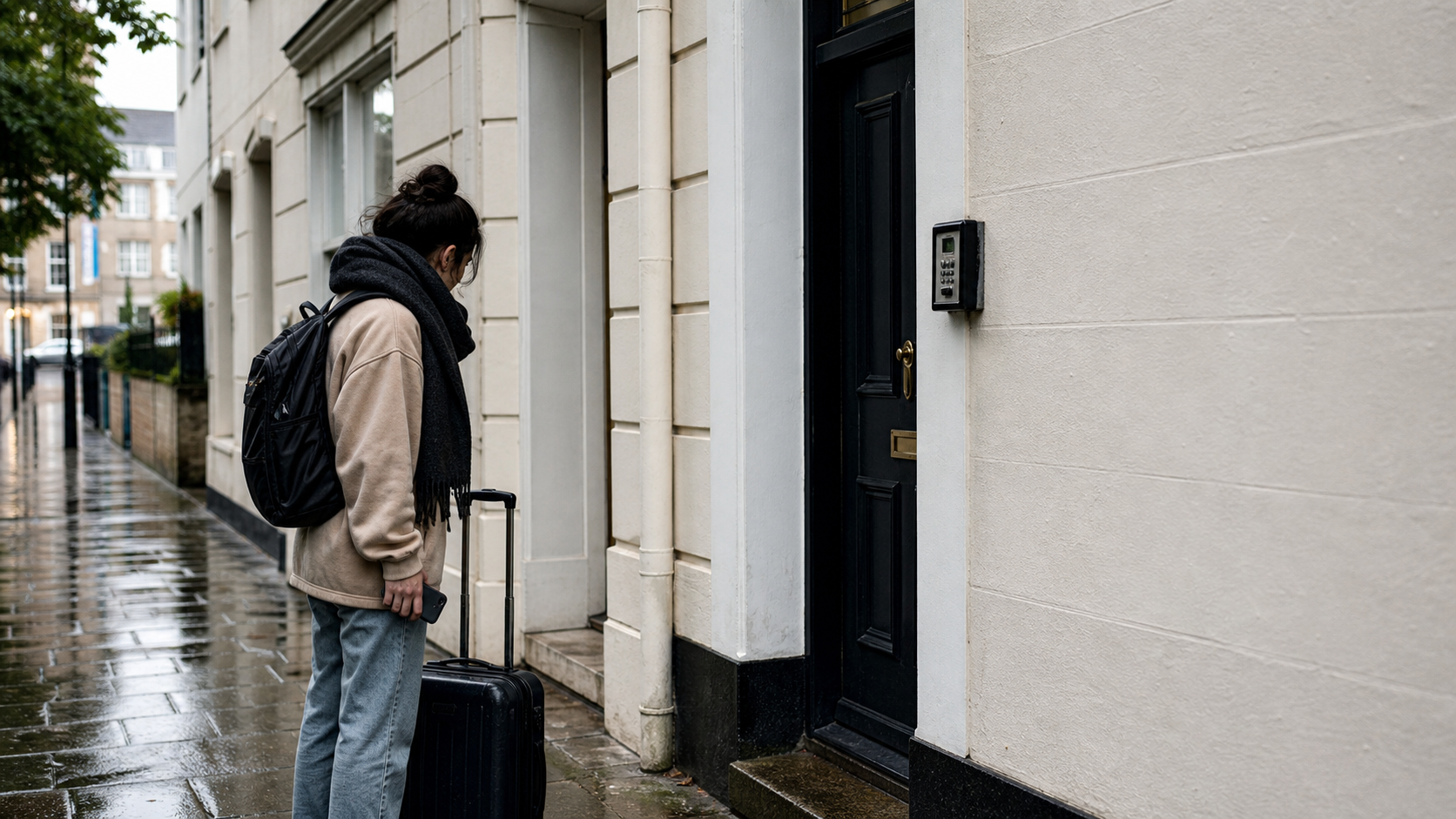 A guest with a suitcase stands in light rain outside a small apartment entrance beside a wall-mounted key safe.