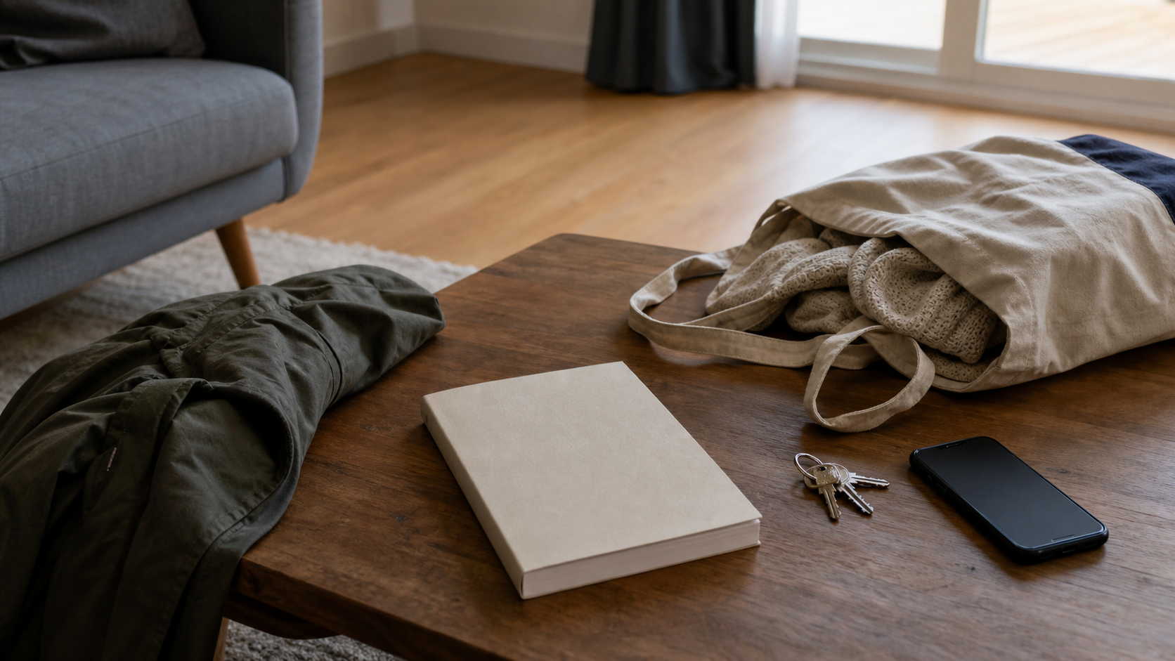 A plain printed short-let guidebook on a coffee table beside a tote bag, coat, keys, and a dark phone in a rental living room.
