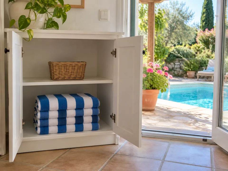 Blue-and-white striped pool towels on the lower shelf of a white cupboard beside open patio doors, with a sunny pool outside.